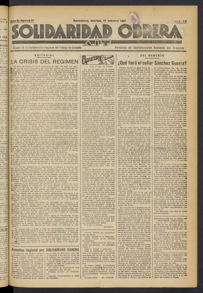 Miniatura de Solidaridad Obrera: diario de la mañana del 17 de febrero de 1931
