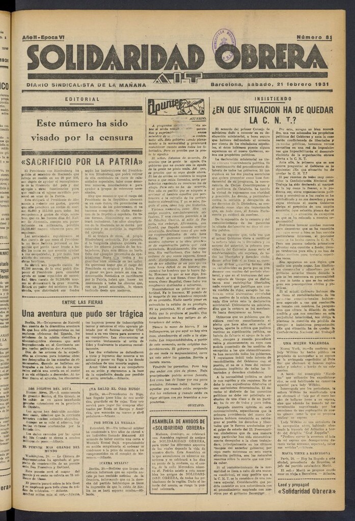 Miniatura de Solidaridad Obrera: diario de la mañana del 21 de febrero de 1931
