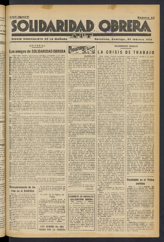 Miniatura de Solidaridad Obrera: diario de la mañana del 22 de febrero de 1931