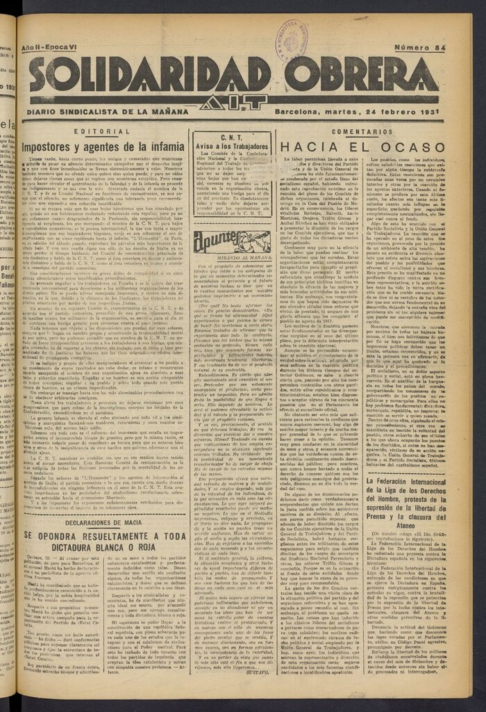 Miniatura de Solidaridad Obrera: diario de la mañana del 24 de febrero de 1931