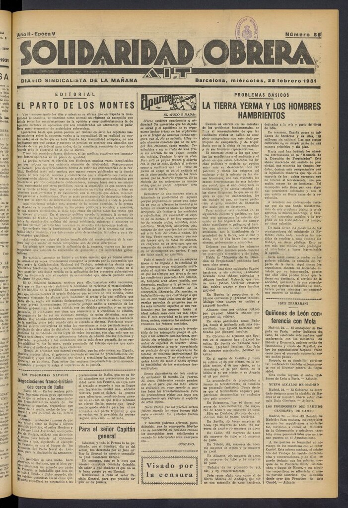 Miniatura de Solidaridad Obrera: diario de la mañana del 25 de febrero de 1931