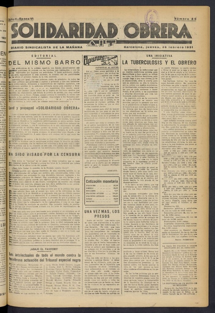Miniatura de Solidaridad Obrera: diario de la mañana del 26 de febrero de 1931