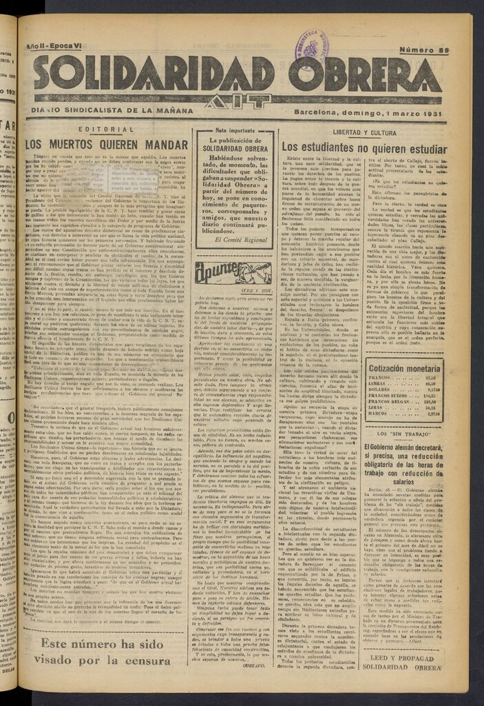 Miniatura de Solidaridad Obrera: diario de la mañana del 1 de marzo de 1931