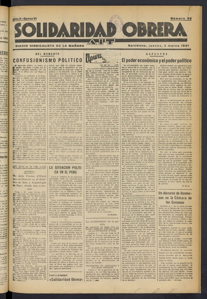 Miniatura de Solidaridad Obrera: diario de la mañana del 5 de marzo de 1931