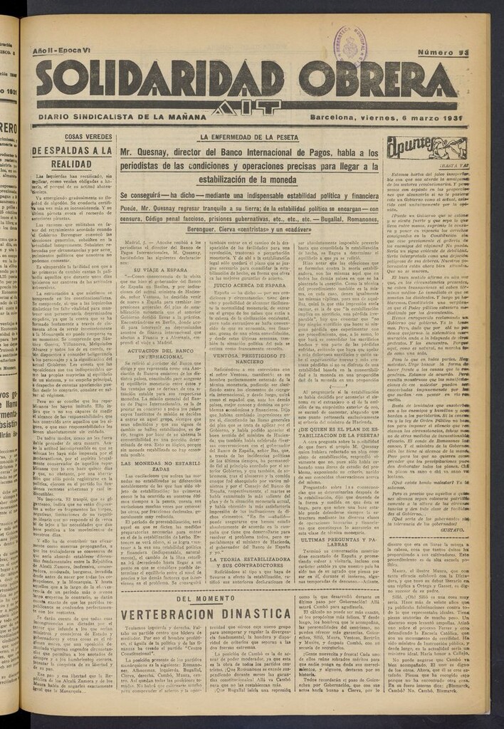 Miniatura de Solidaridad Obrera: diario de la mañana del 6 de marzo de 1931