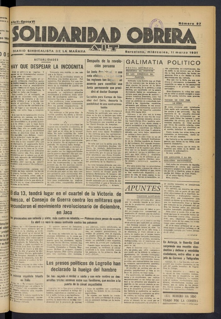 Miniatura de Solidaridad Obrera: diario de la mañana del 11 de marzo de 1931