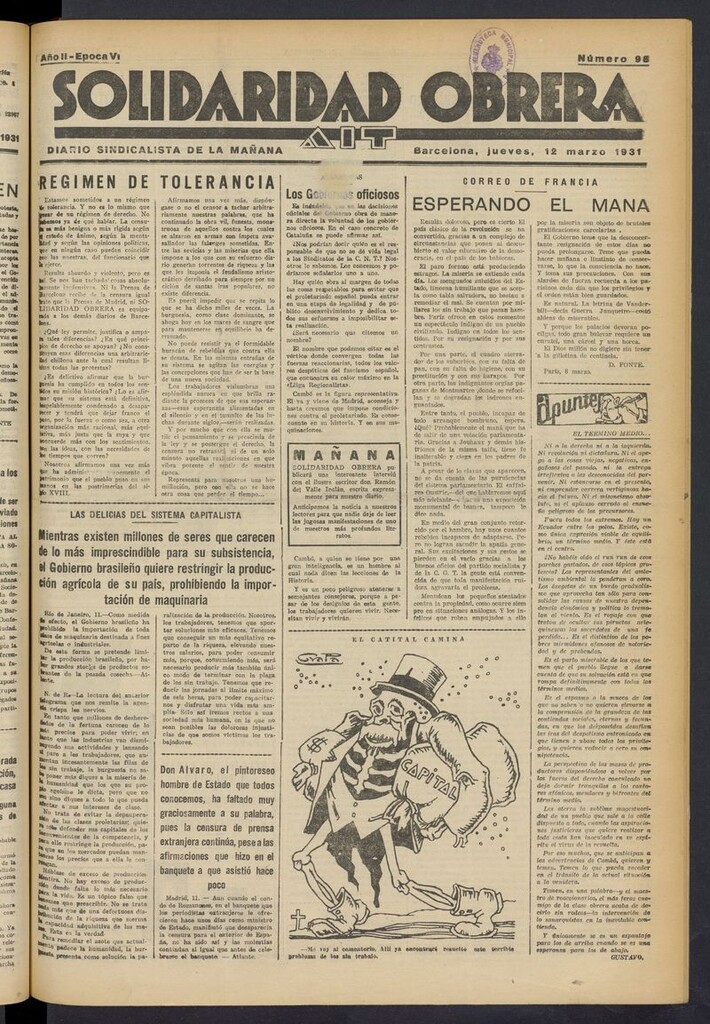 Miniatura de Solidaridad Obrera: diario de la mañana del 12 de marzo de 1931