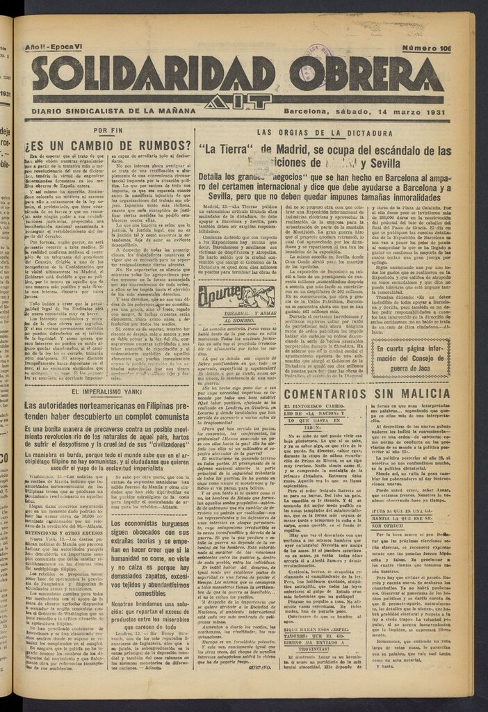 Miniatura de Solidaridad Obrera: diario de la mañana del 14 de marzo de 1931