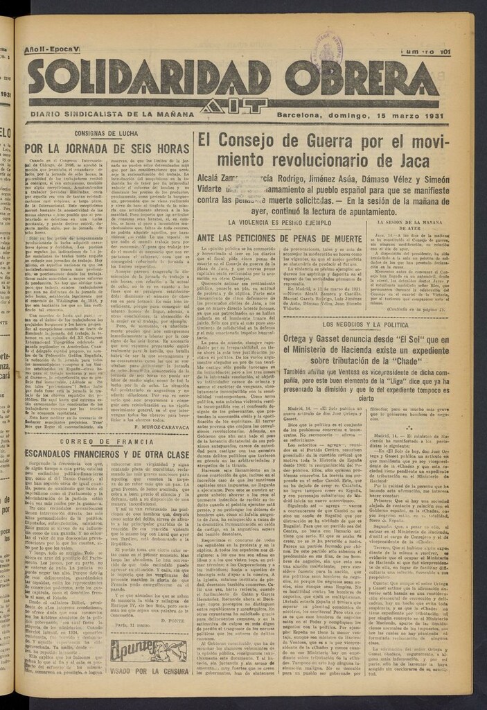 Miniatura de Solidaridad Obrera: diario de la mañana del 15 de marzo de 1931