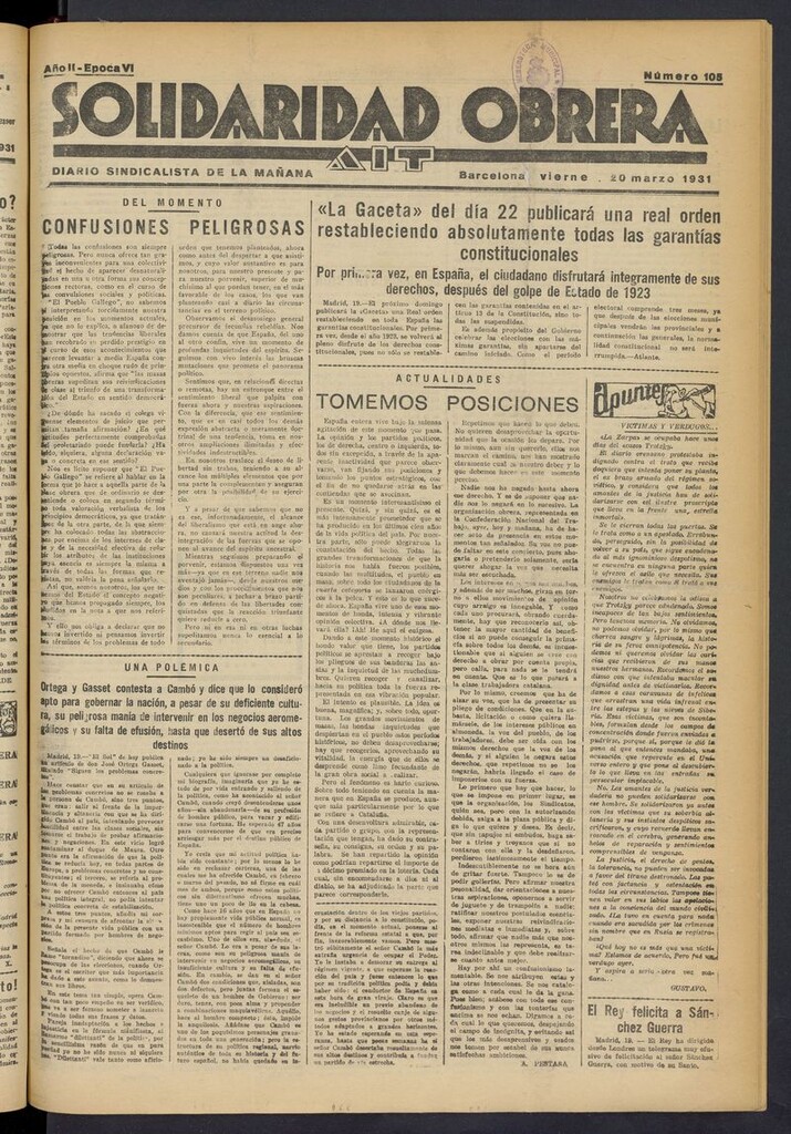 Miniatura de Solidaridad Obrera: diario de la mañana del 20 de marzo de 1931