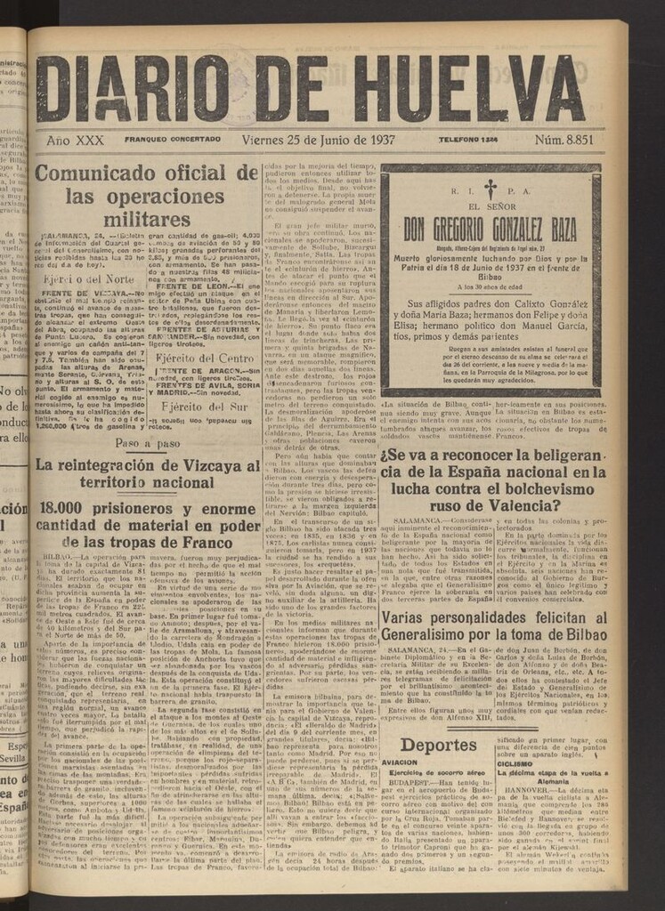 Miniatura de Diario de Huelva : periódico independiente del 25 de junio de 1937