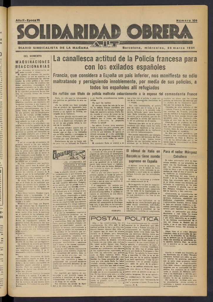 Miniatura de Solidaridad Obrera: diario de la mañana del 25 de marzo de 1931