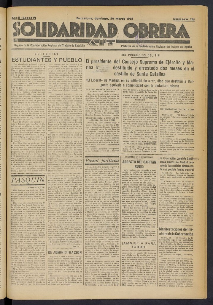 Miniatura de Solidaridad Obrera: diario de la mañana del 29 de marzo de 1931