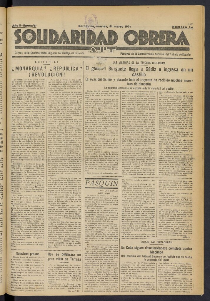 Miniatura de Solidaridad Obrera: diario de la mañana del 31 de marzo de 1931