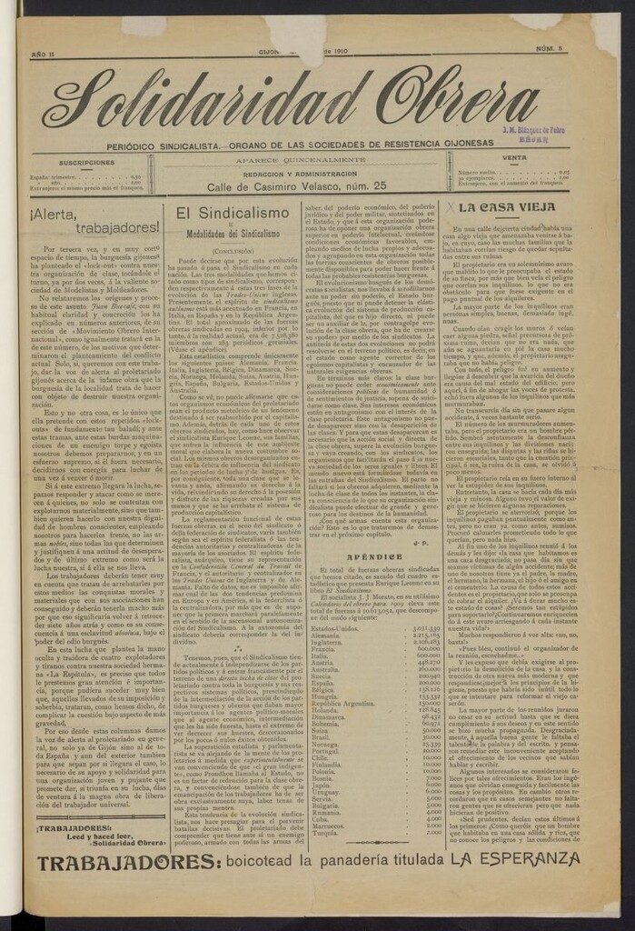 Miniatura de Solidaridad obrera: periódico sindicalista de enero de 1910