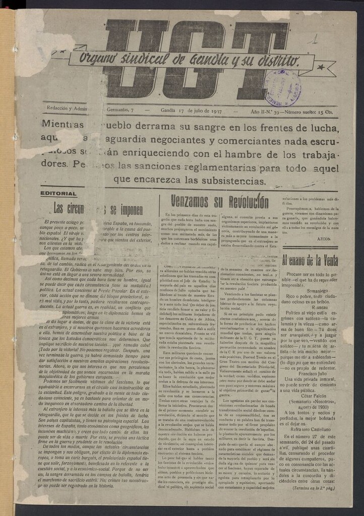 Miniatura de U.G.T: órgano sindical de Gandía y su distrito del 17 de julio de 1937