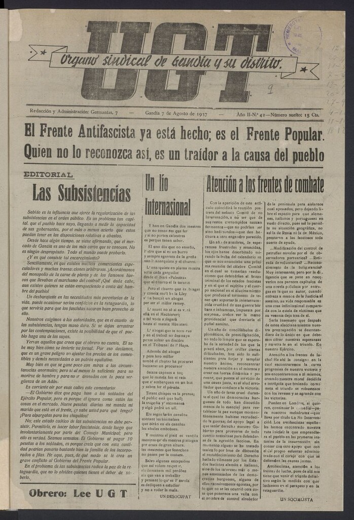 Miniatura de U.G.T: órgano sindical de Gandía y su distrito del 7 de agosto de 1937