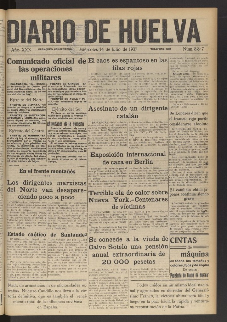 Miniatura de Diario de Huelva : periódico independiente del 14 de julio de 1937