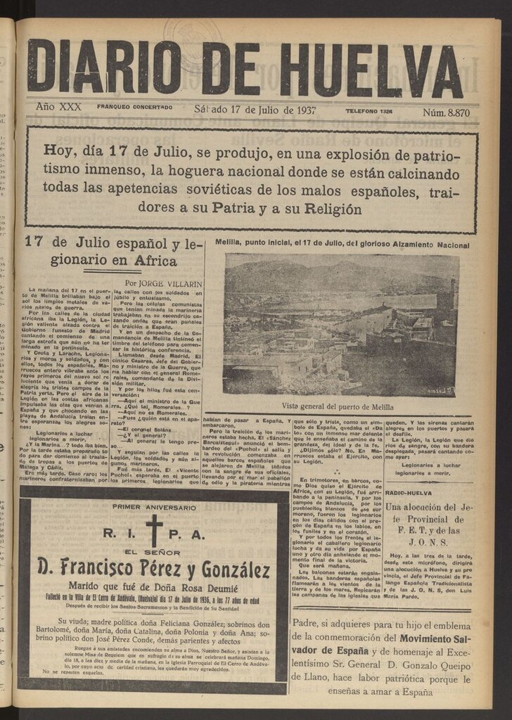 Miniatura de Diario de Huelva : periódico independiente del 17 de julio de 1937