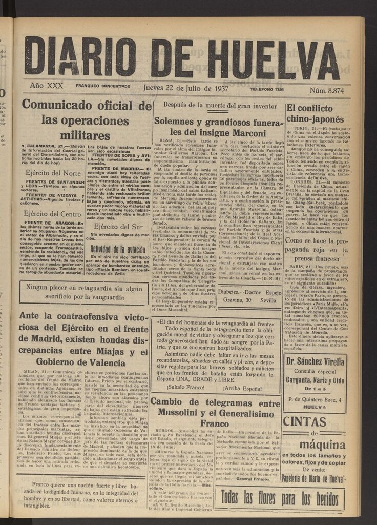 Miniatura de Diario de Huelva : periódico independiente del 22 de julio de 1937