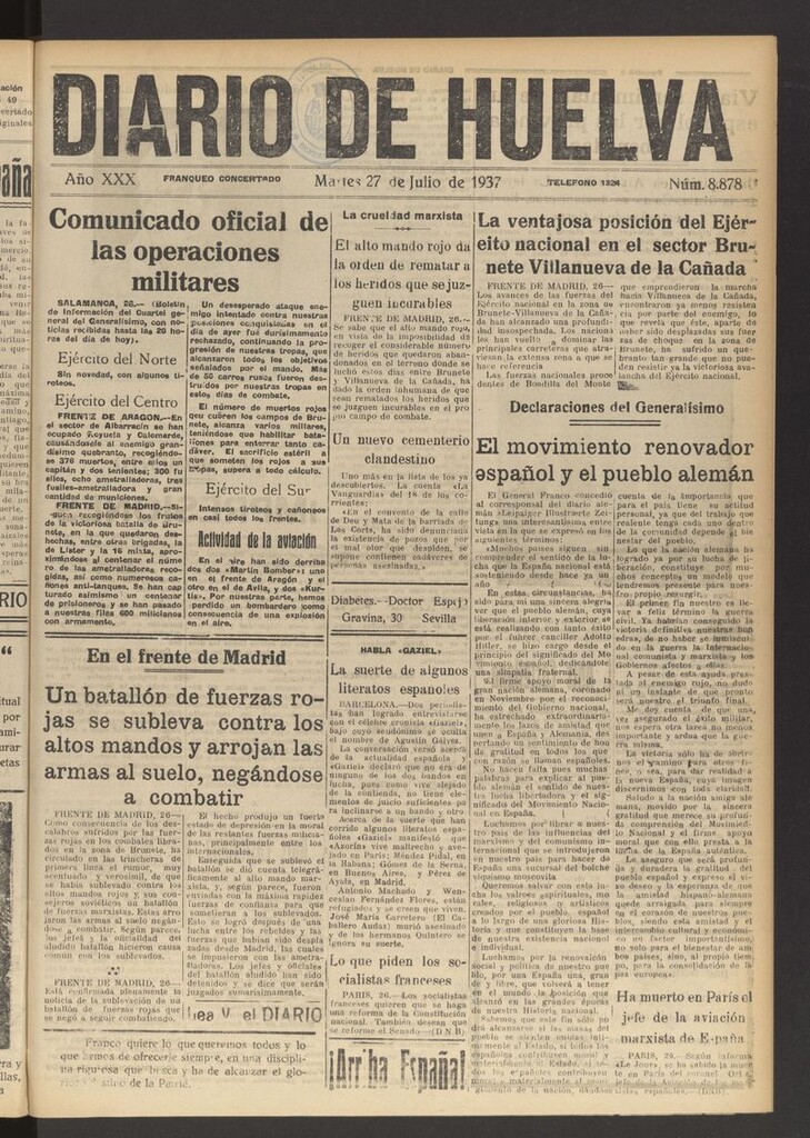 Miniatura de Diario de Huelva : periódico independiente del 27 de julio de 1937