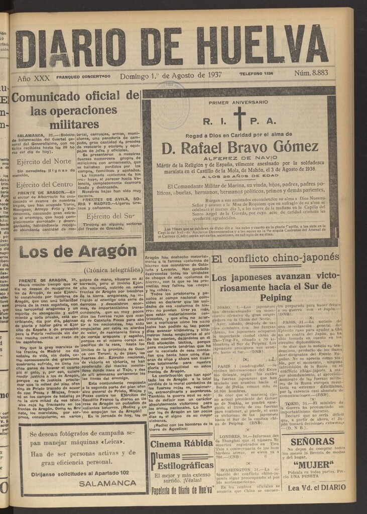 Miniatura de Diario de Huelva : periódico independiente del 1 de agosto de 1937