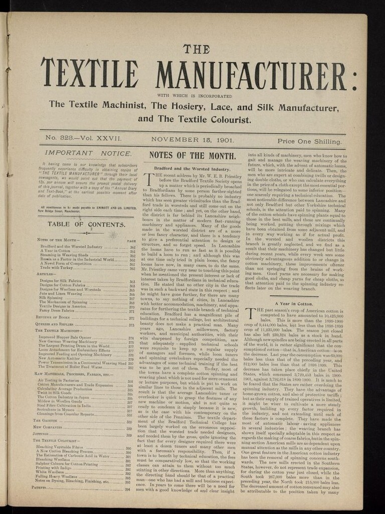 Miniatura de The Textile Manufacturer del 15 de noviembre de 1901