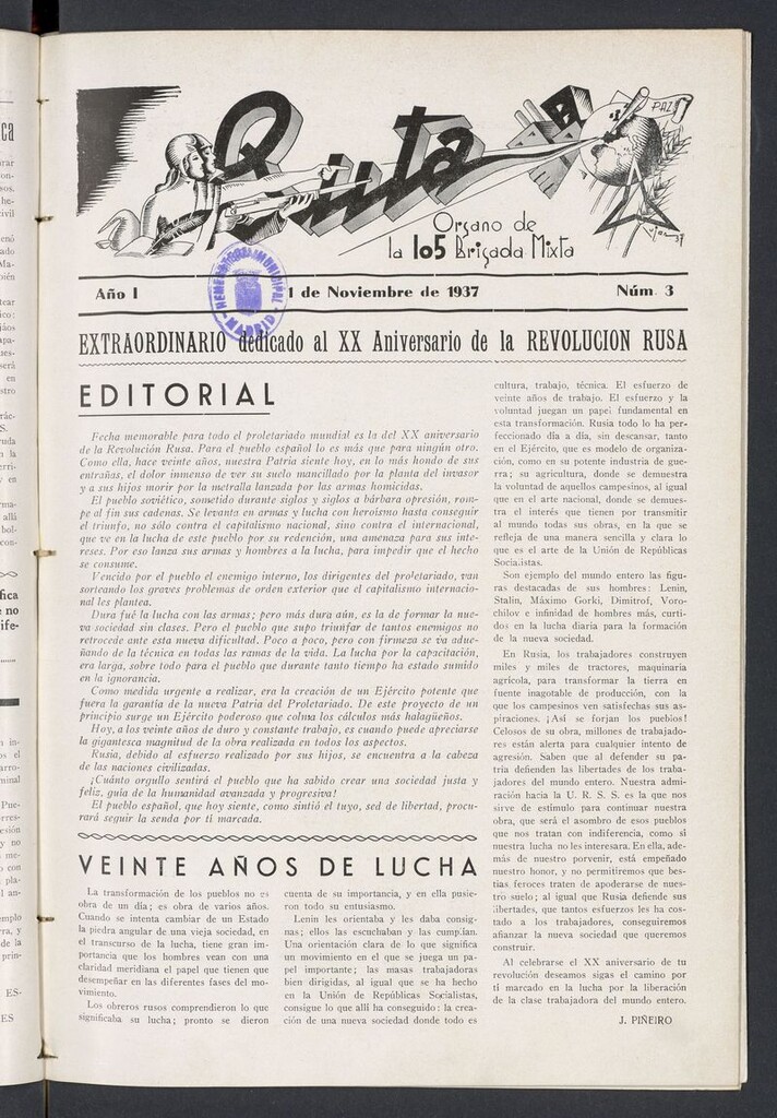 Miniatura de Ruta: órgano de la 105 Brigada Mixta del 1 de noviembre de 1937