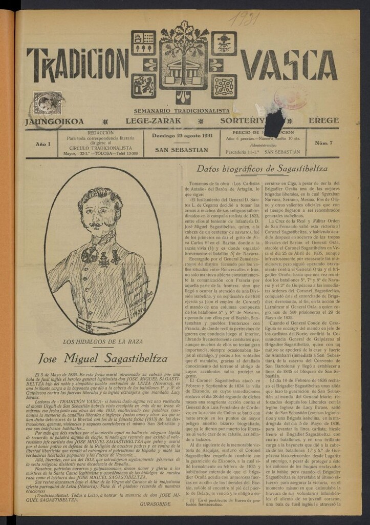 Miniatura de Tradición Vasca: semanario del 23 de agosto de 1931