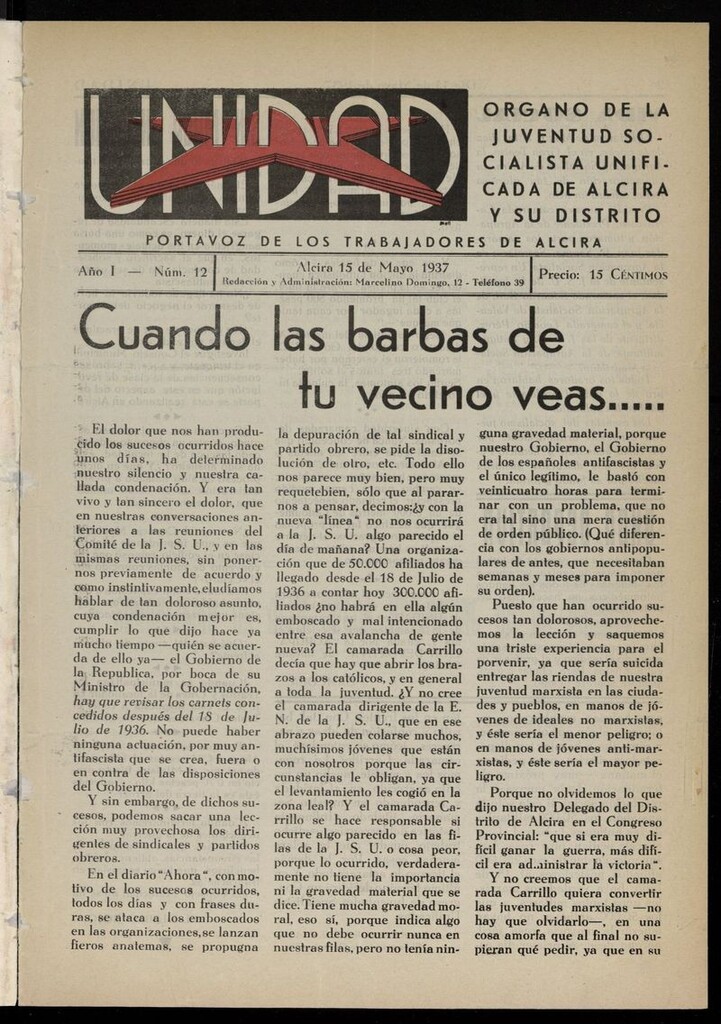 Miniatura de Unidad: portavoz de los trabajadores de Alcira del 15 de mayo de 1937