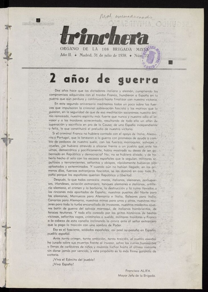 Miniatura de Trinchera: órgano del 3er Batallón de la 4ª Brigada Mixta del 31 de julio de 1938