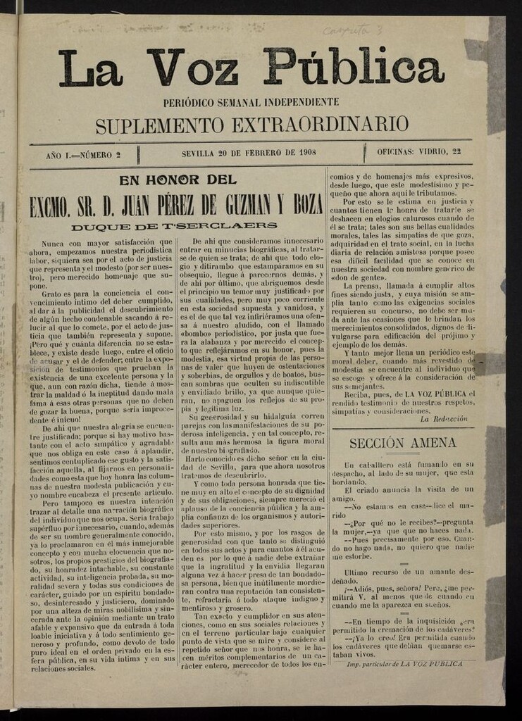 Miniatura de Voz Pública: Periódico Semanal Defensor de la Industria del 20 de febrero de 1908