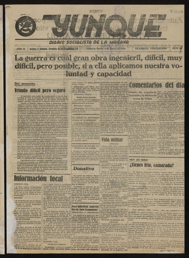 Miniatura de Yunque: diario socialista de la mañana del 4 de enero de 1938