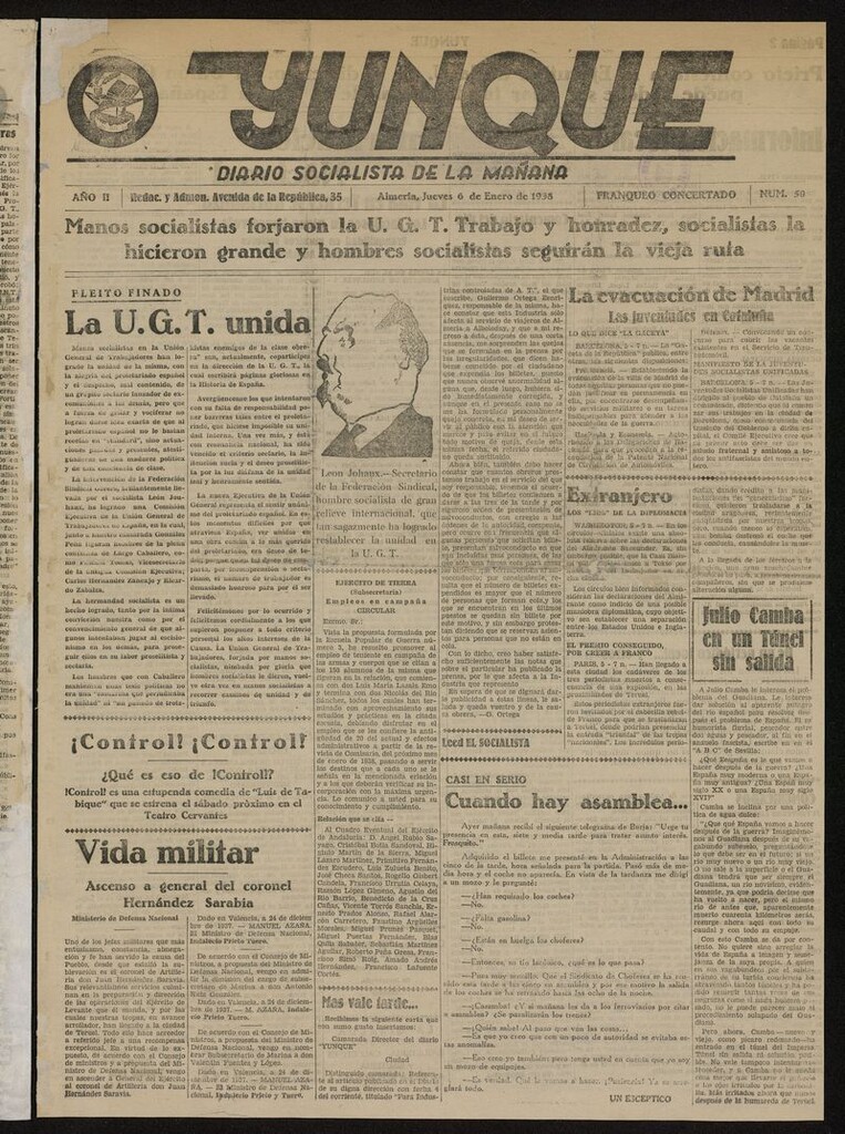 Miniatura de Yunque: diario socialista de la mañana del 6 de enero de 1938