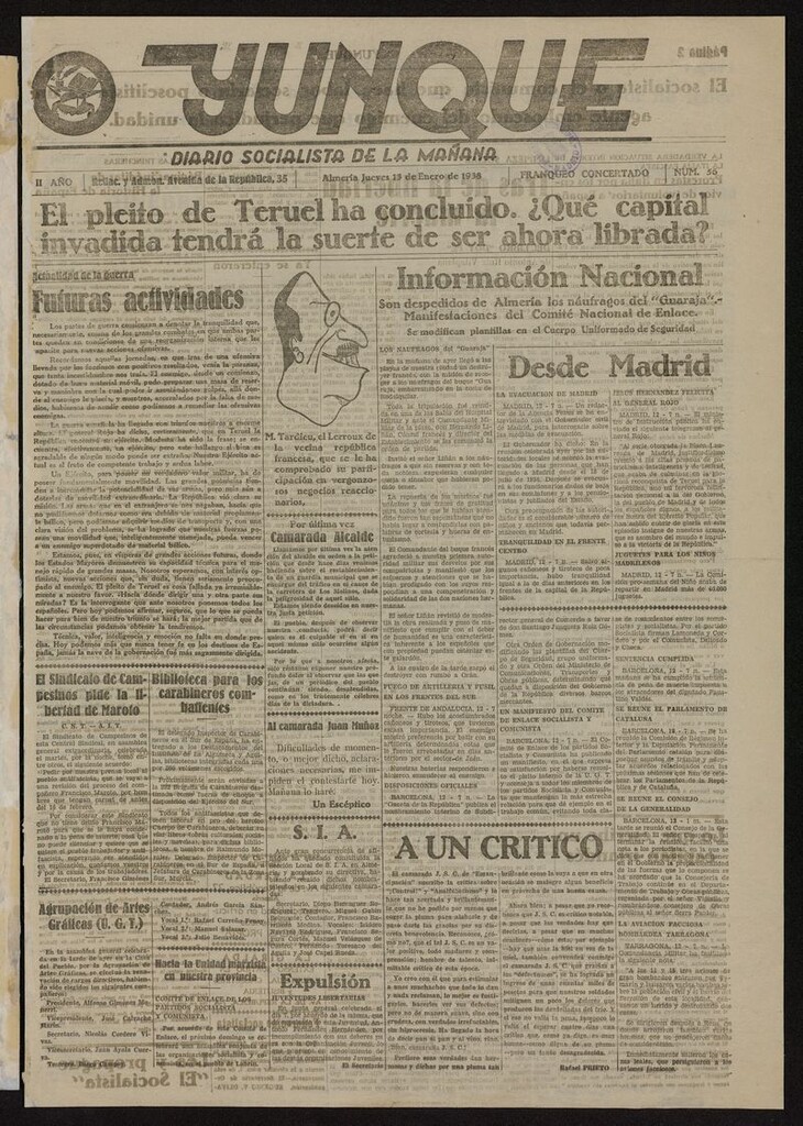 Miniatura de Yunque: diario socialista de la mañana del 13 de enero de 1938