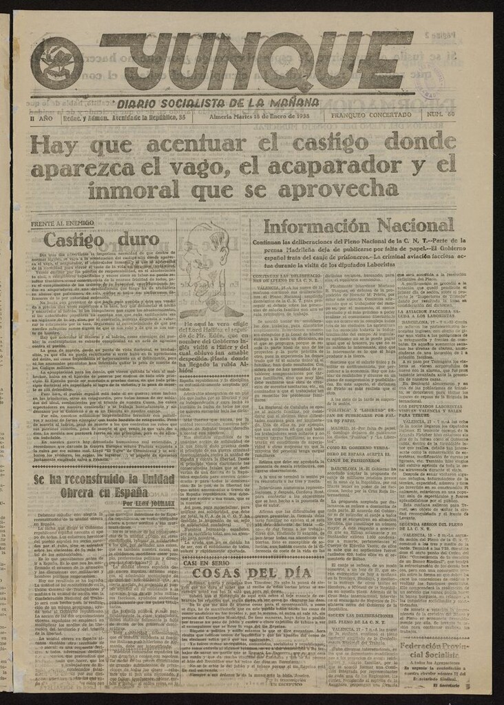 Miniatura de Yunque: diario socialista de la mañana del 18 de enero de 1938