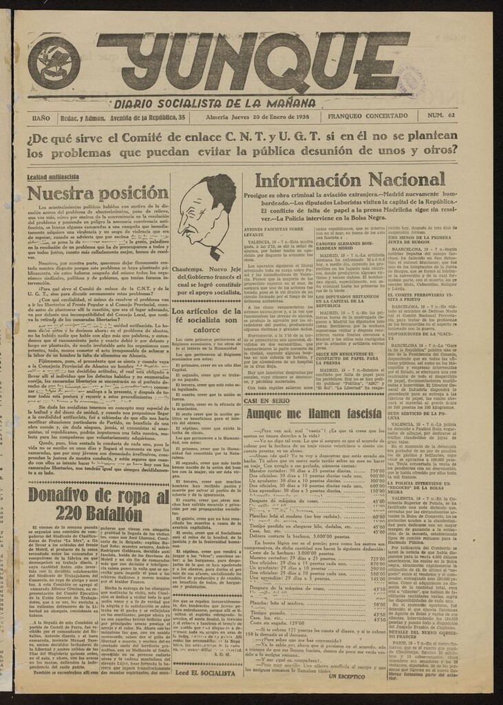 Miniatura de Yunque: diario socialista de la mañana del 20 de enero de 1938