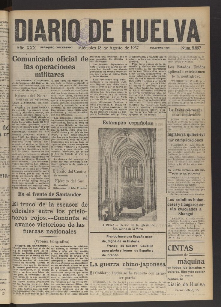 Miniatura de Diario de Huelva : periódico independiente del 18 de agosto de 1937