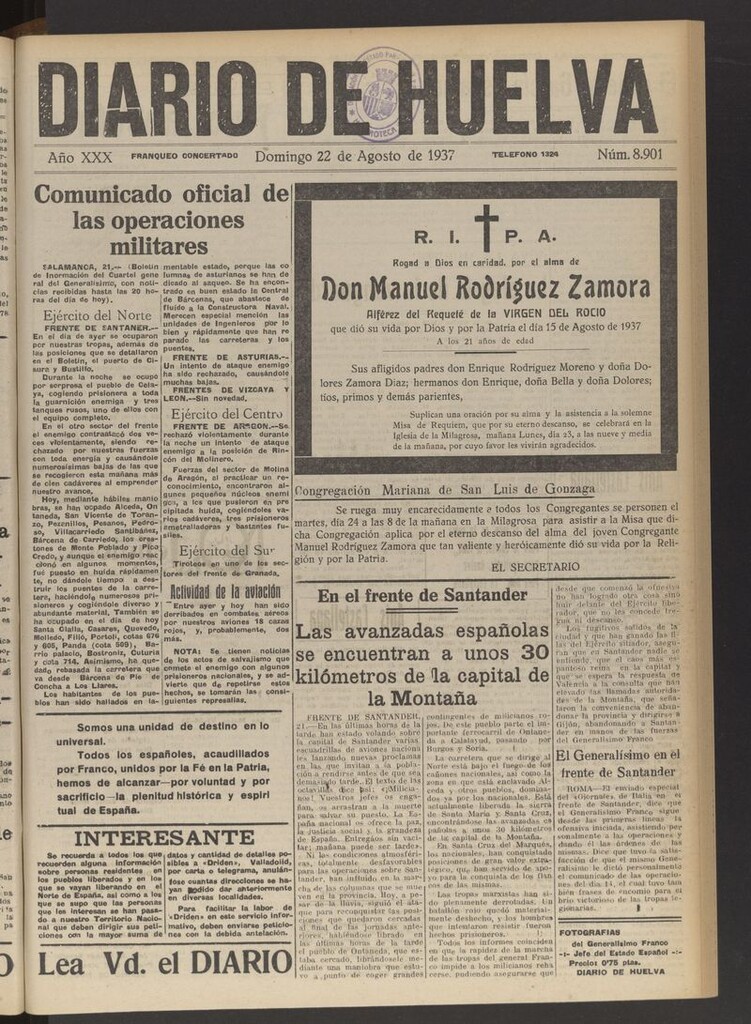 Miniatura de Diario de Huelva : periódico independiente del 22 de agosto de 1937