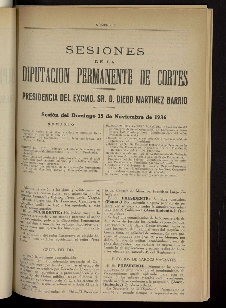 Miniatura de Boletín de Sesiones de la Diputación Permanente de Cortes del 15 de noviembre de 1936