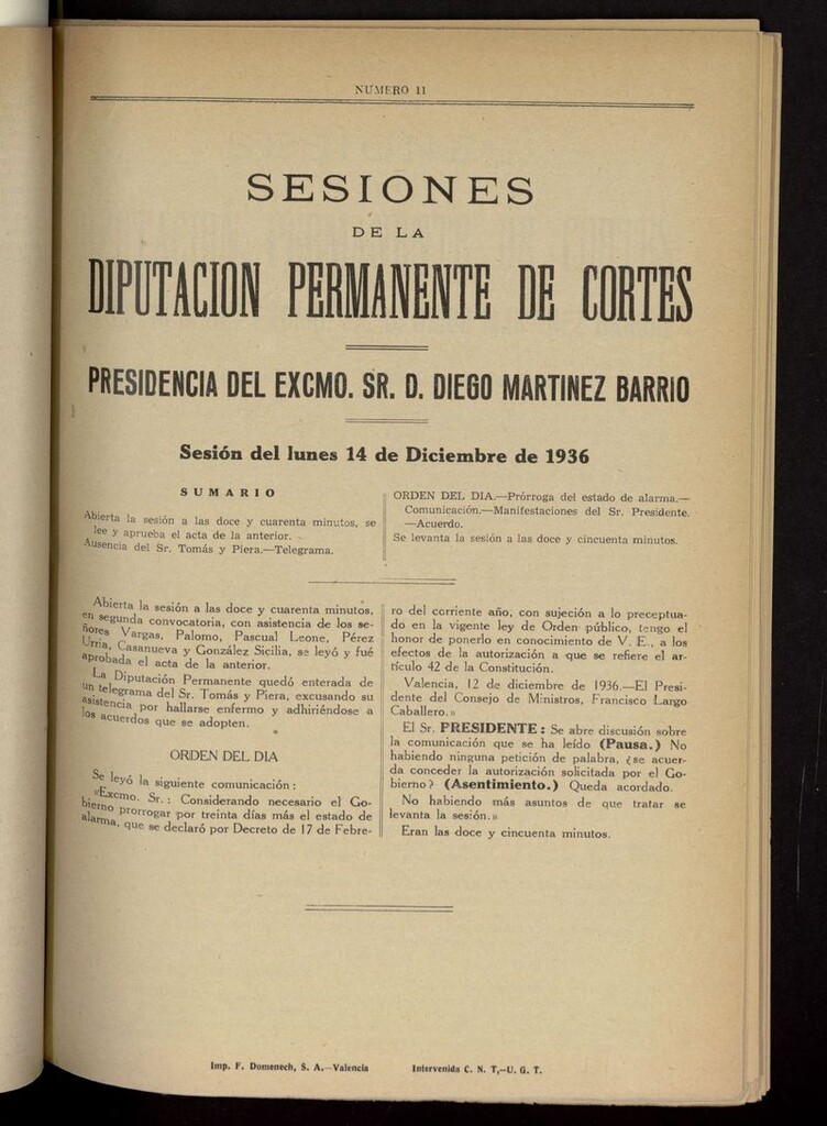 Miniatura de Boletín de Sesiones de la Diputación Permanente de Cortes del 14 de diciembre de 1936