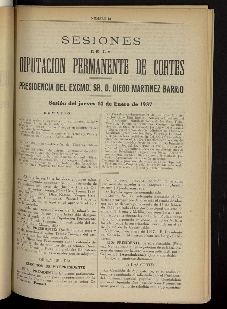 Miniatura de Boletín de Sesiones de la Diputación Permanente de Cortes del 14 de enero de 1937