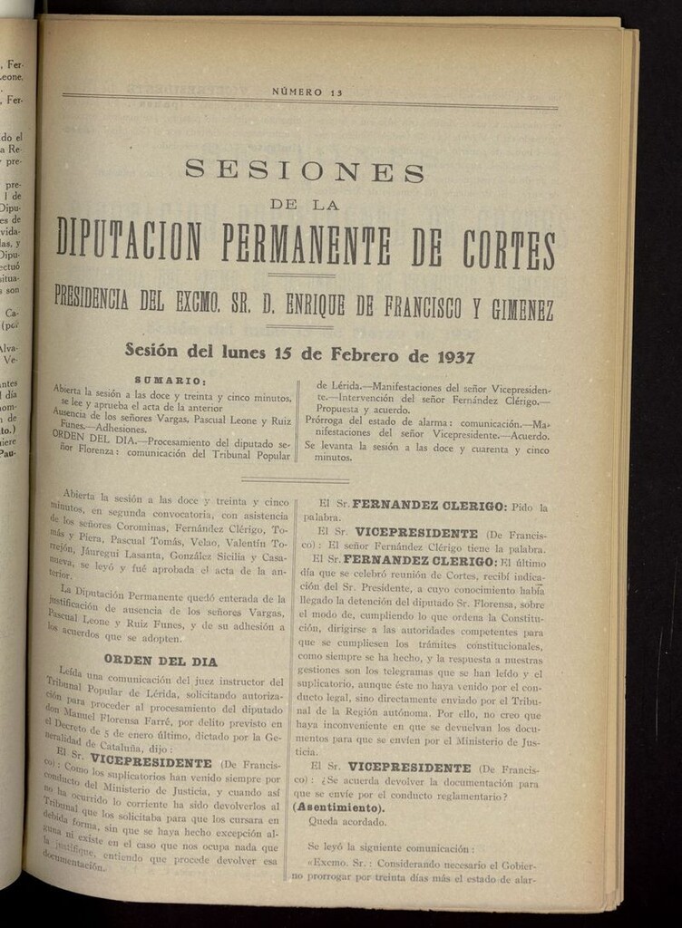 Miniatura de Boletín de Sesiones de la Diputación Permanente de Cortes del 15 de febrero de 1937