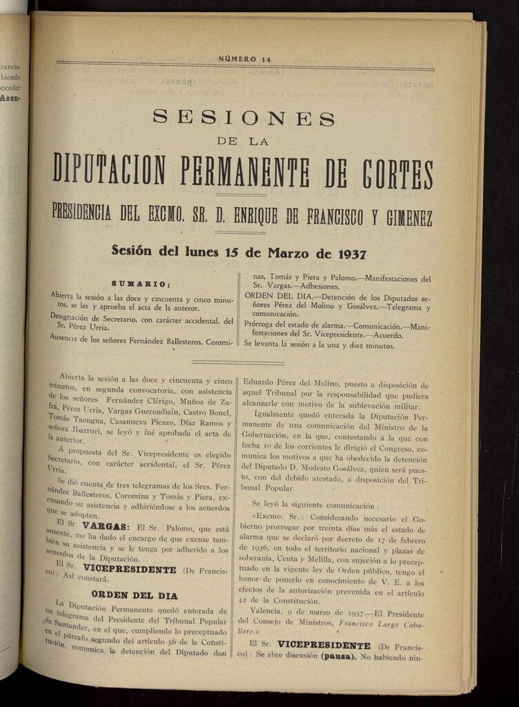 Miniatura de Boletín de Sesiones de la Diputación Permanente de Cortes del 15 de marzo de 1937