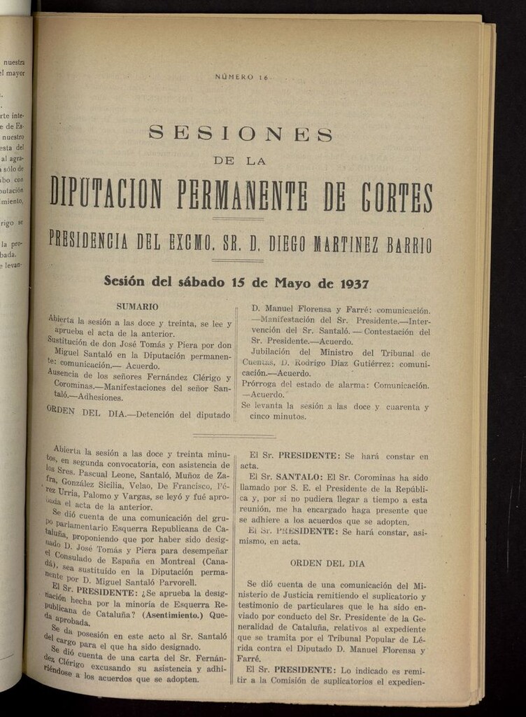 Miniatura de Boletín de Sesiones de la Diputación Permanente de Cortes del 15 de mayo de 1937
