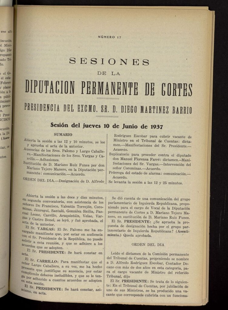 Miniatura de Boletín de Sesiones de la Diputación Permanente de Cortes del 10 de junio de 1937