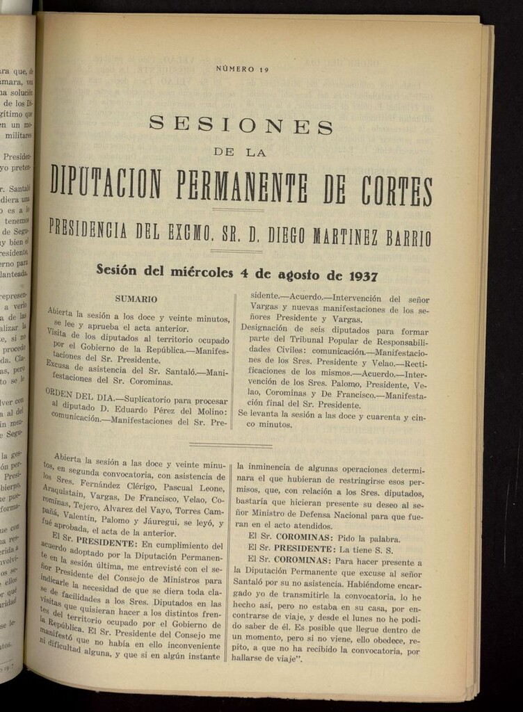 Miniatura de Boletín de Sesiones de la Diputación Permanente de Cortes del 4 de agosto de 1937