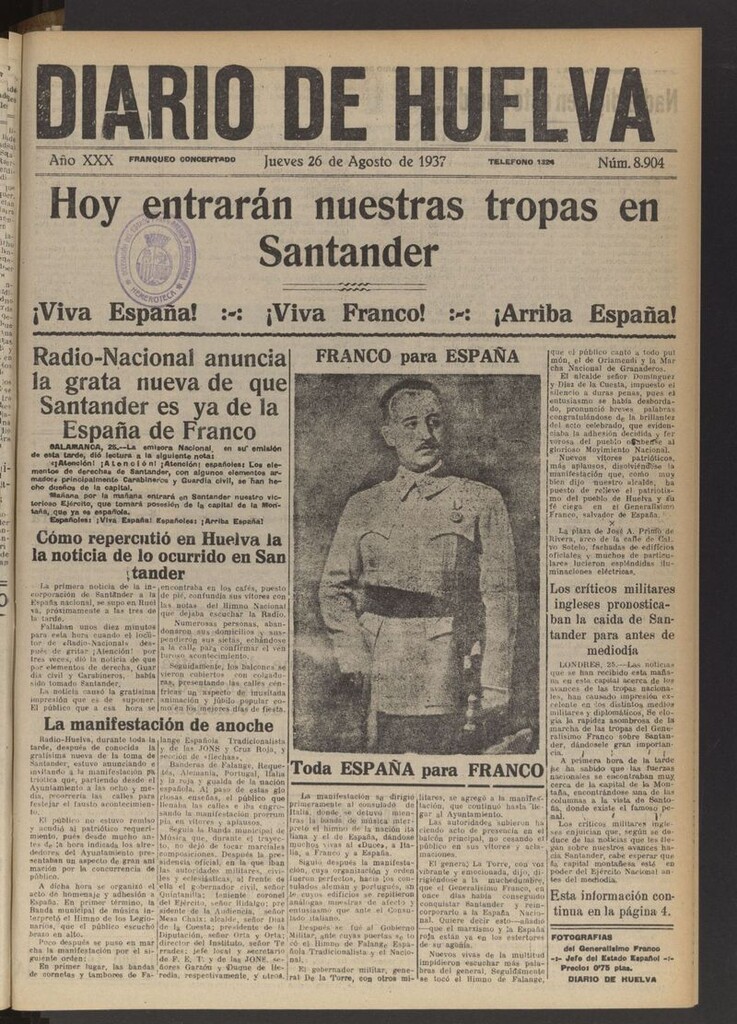 Miniatura de Diario de Huelva : periódico independiente del 26 de agosto de 1937