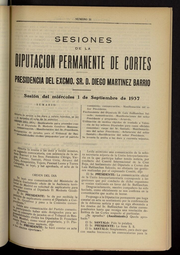 Miniatura de Boletín de Sesiones de la Diputación Permanente de Cortes del 1 de septiembre de 1937