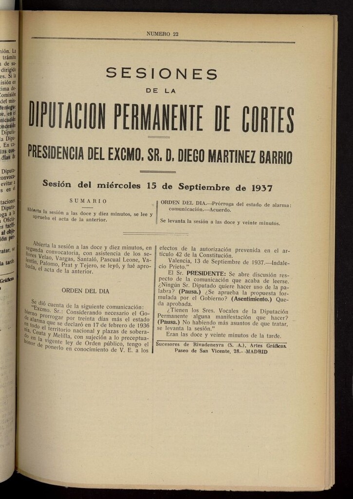 Miniatura de Boletín de Sesiones de la Diputación Permanente de Cortes del 15 de septiembre de 1937